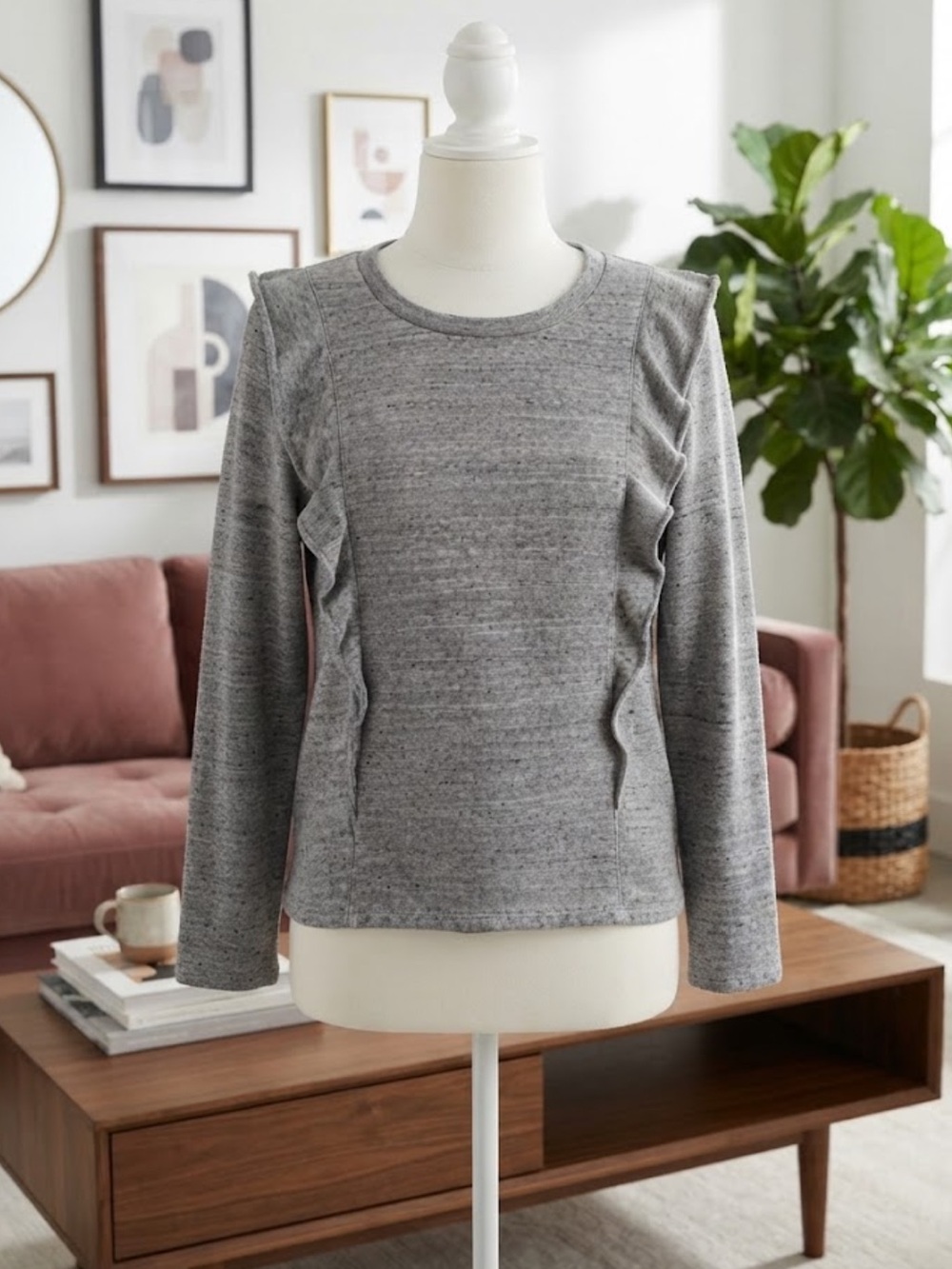 J. Crew Gray Ruffle-Trim Crewneck Sweatshirt